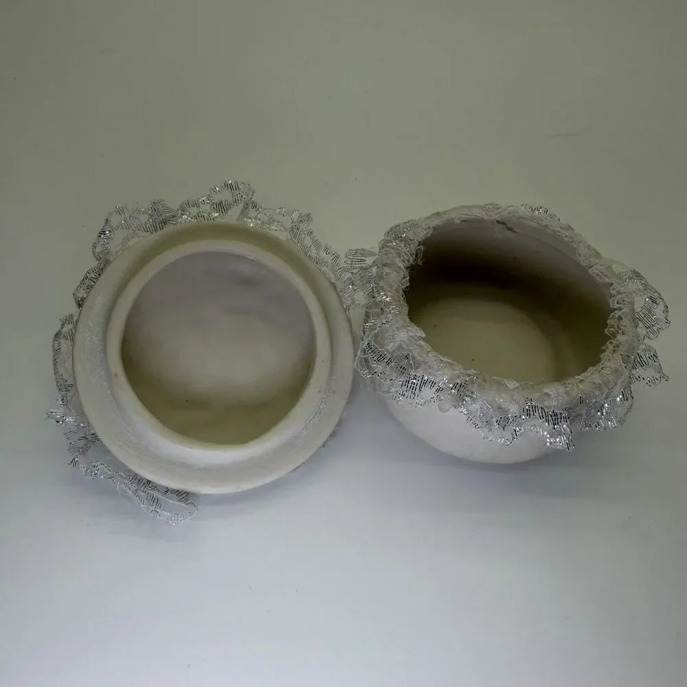 Handmade Ceramic Ring Box Trinket Engagement Wedding Embroidery Lace Pearls